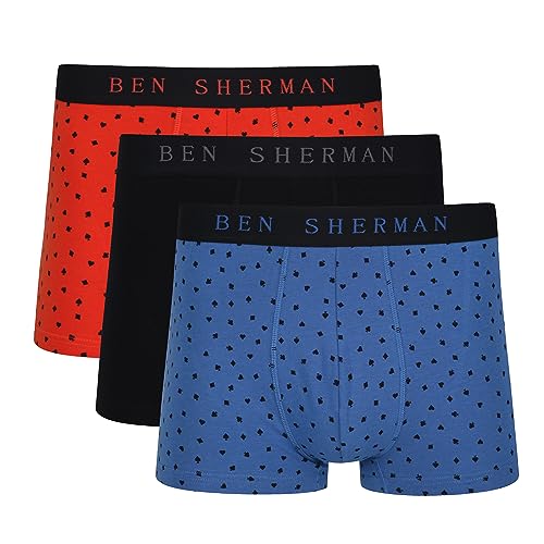 Herren Ben Sherman Boxershorts in Blau/Schwarz/Orange | Trunks aus weicher Baumwolle mit elastischem Bund | Bequeme und atmungsaktive Unterwäsche - Dreierpack