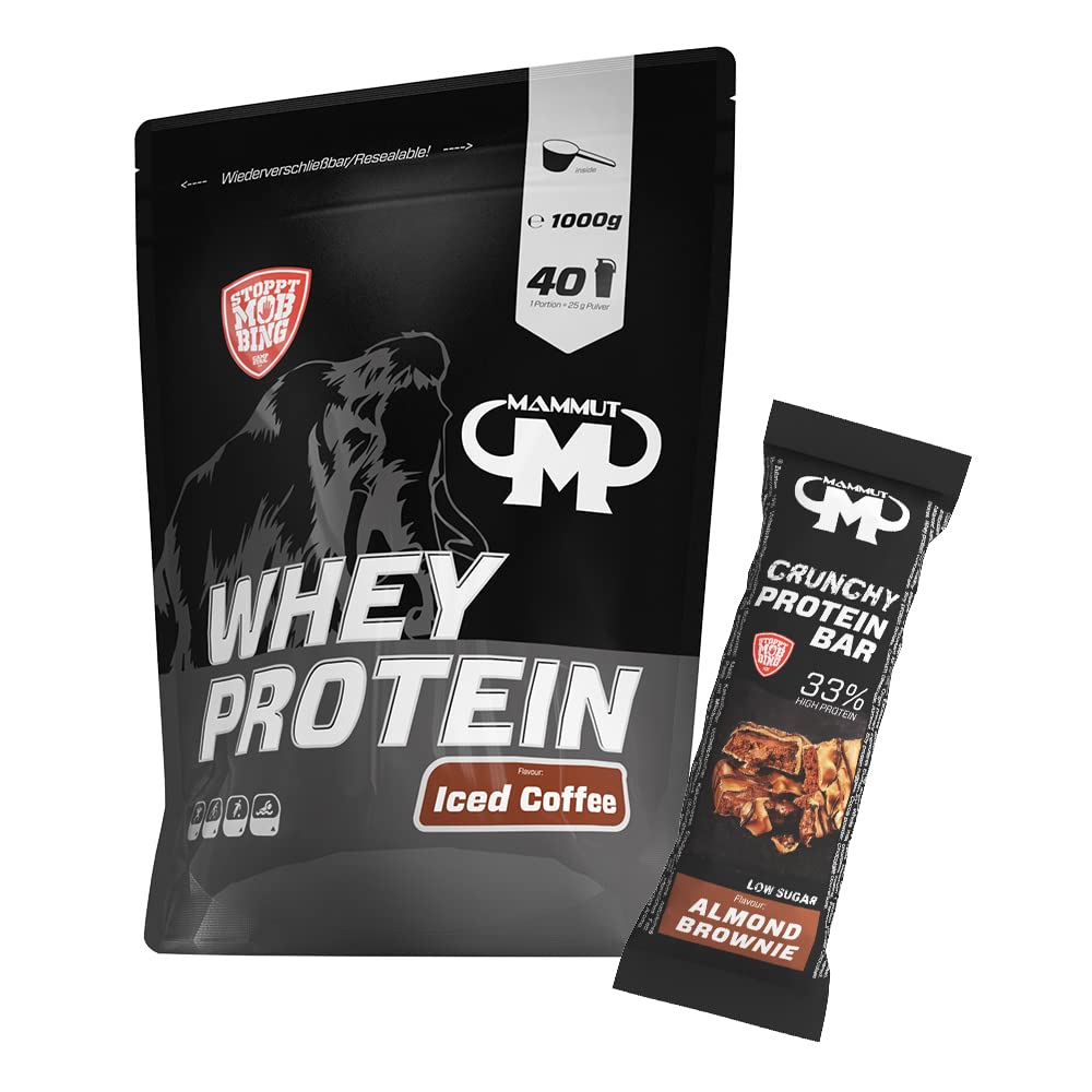 1kg Mammut Whey Protein Eiweißshake - Set inkl. Protein Shaker, Riegel, Powderbank oder Tasse (Iced Coffee, Mammut Protein Bar - Almond Brownie)