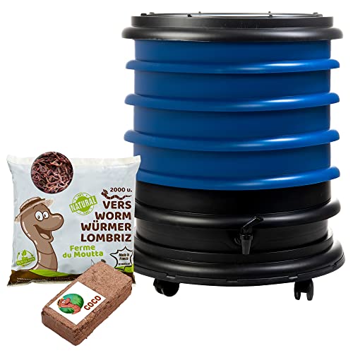 WORMbox | Wurmkomposter Wurmfarm Wurmkiste mit 4 Schalen Blau + 1kg Kompostwürmer / 2000 STK + 1 Coco | 64 Liter | Regenwurmkomposter, Kompostwürmer produzieren Wurmhumus