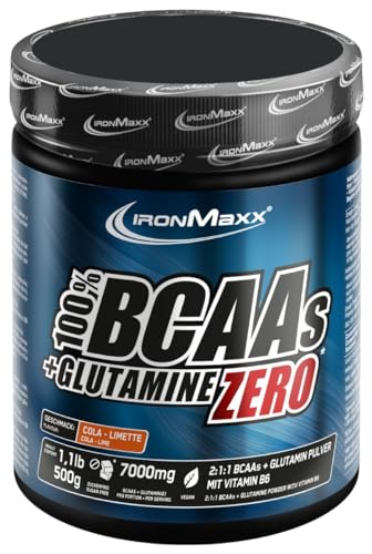 IronMaxx 100% BCAAs + Glutamine Zero, Cola Limette, 500g, veganes & zuckerfreies Aminosäuren Pulver mit Vitamin B6, 6000 mg BCAA´s und 1000 mg Glutamin pro Portion