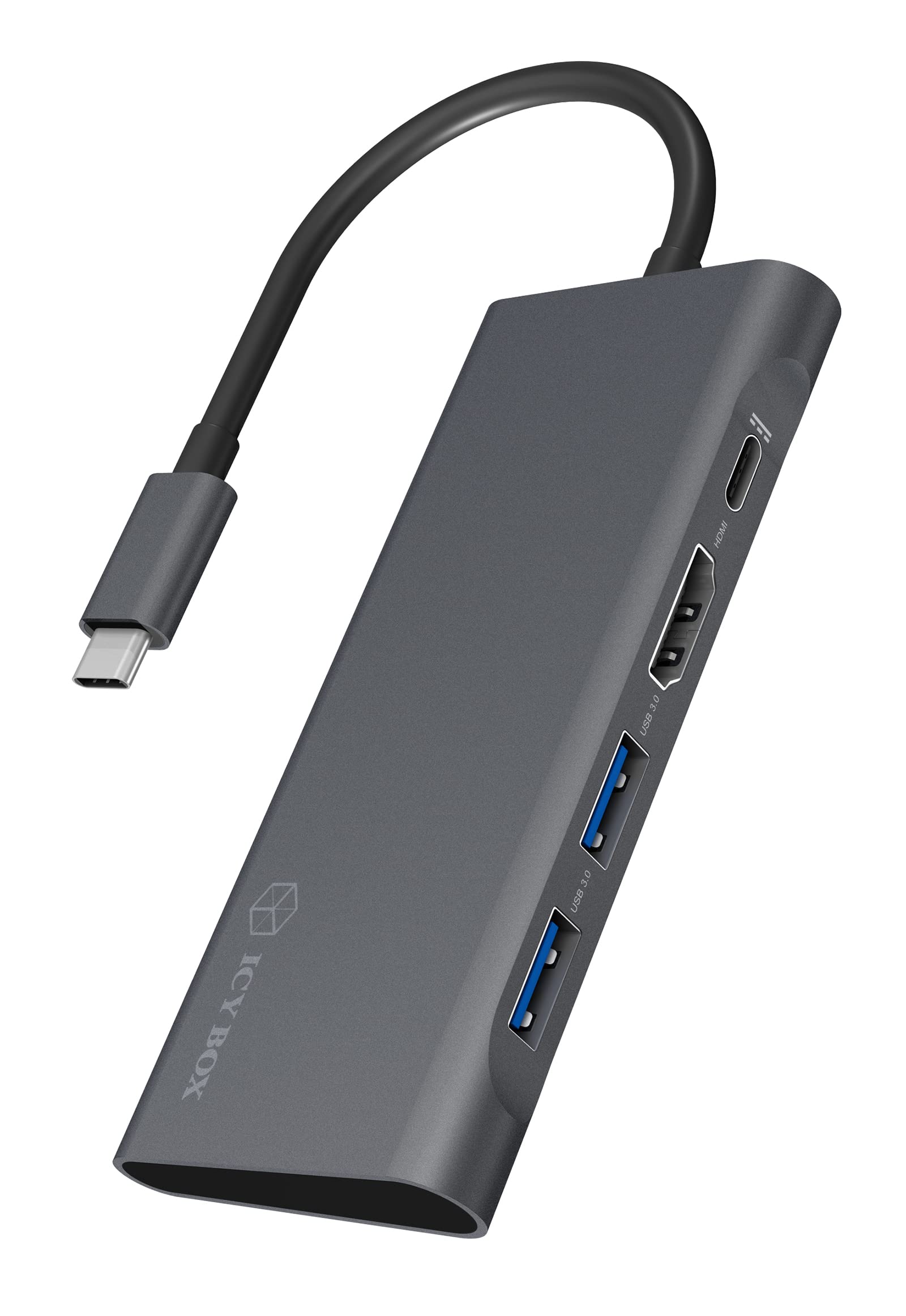 ICY BOX USB-C Docking Station (4-in-1) mit HDMI (4k 60Hz), 3-fach USB 3.0 HUB, 60W Power Delivery, Aluminium, Grau für Laptop, MacBook, iPad Pro oder Android Tablet/Smartphone