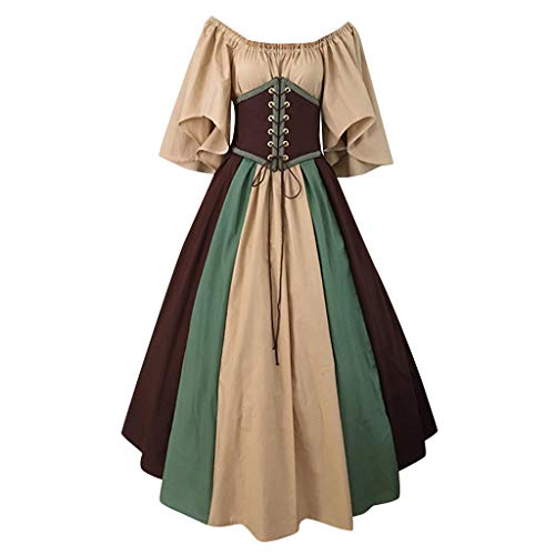 SALUCIA Damen Renaissance Carmen Kleid Retro Trompetenärmel Bodenlanges Kostüm Gewand Mittelalter Viktorianisches Prinzessin Kleidung Große Größen Gr.34-48