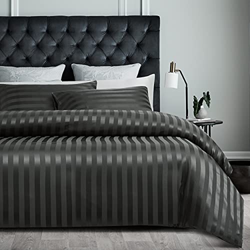 Damier Bettwäsche 135x200 4teilig Grau Satin Streifen Bettbezug Set Hochwertiges Seidig Glänzend Deluxe Deckenbezug mit Verdecktem Reißverschluss und 2 Kissenbezüge 80x80 cm