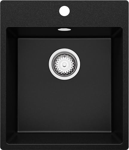 Spülbecken Schwarz 44x53 cm, Granitspüle + Ablauf-Set, Küchenspüle für 45er Unterschrank, Einbauspüle von Primagran