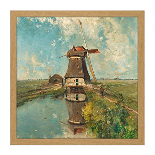 Paul Gabriel A Windmill On A Polder Waterway Square Wooden Framed Wall Art Print Picture 16X16 Inch Wasser Holz Wand Bild