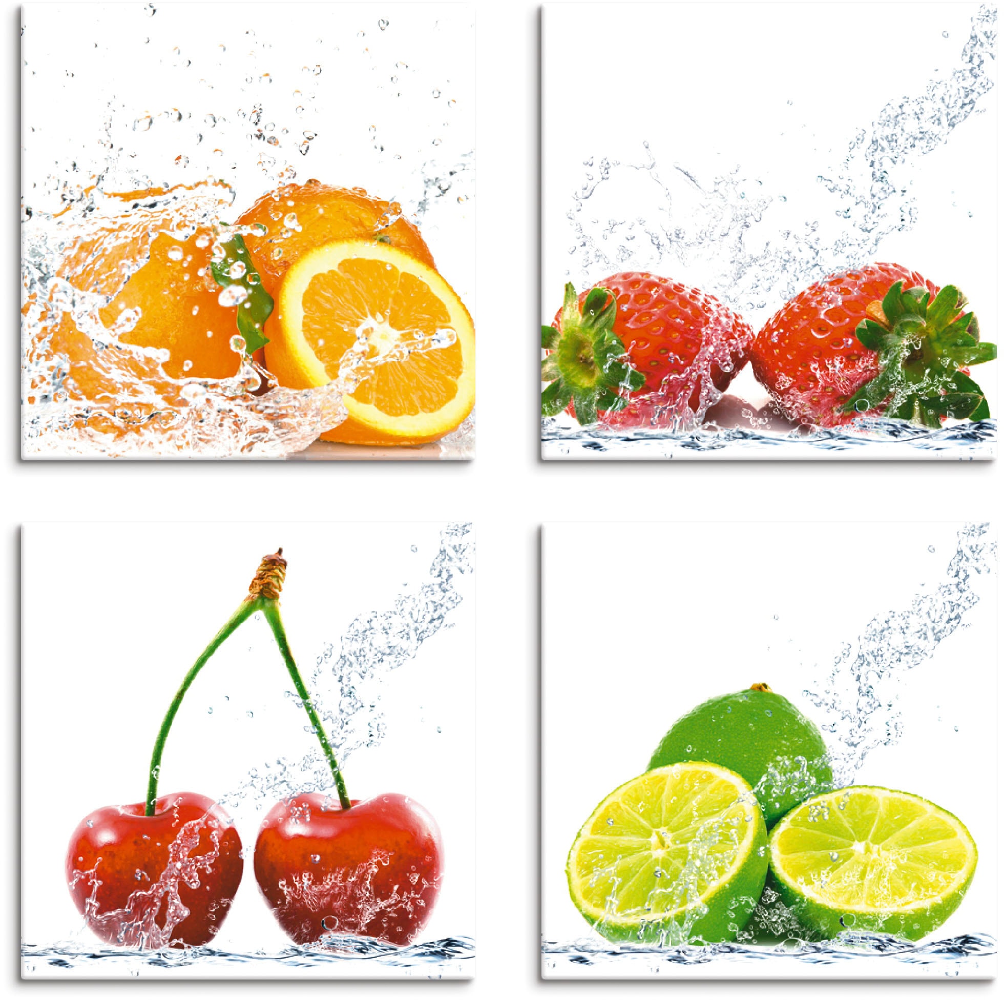 Artland Leinwandbild "Früchte mit Spritzwasser", Lebensmittel, (4 St.)