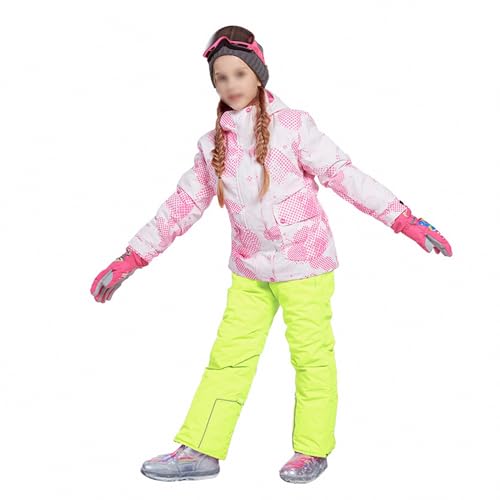 MAOTN Winddichte und warme Outdoor-Snowboardjacke mit Kapuze für Kinder, Leichter wasserdichter und kältebeständiger Winterskimantel für Mädchen + Trägerhosen-Set,Style3,110