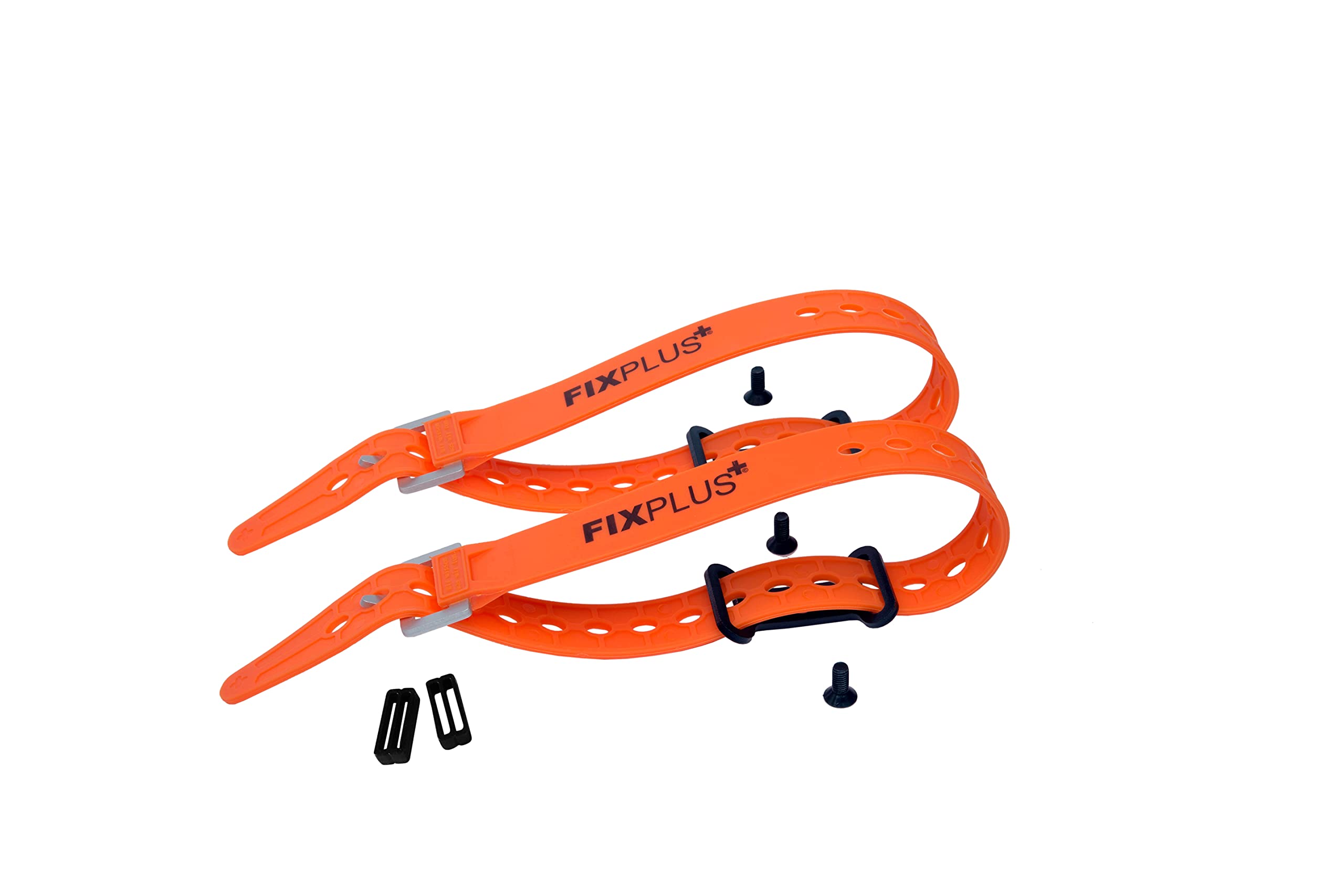Fixplus Gear Tightener Set 46cm - Ladungsbefestigung am Fahrrad für große Teile – Zwei Aluminium Halter inkl. Schrauben + Zwei Spannbänder 46cm Länge (orange) und Zwei Strapkeeper (schwarz)