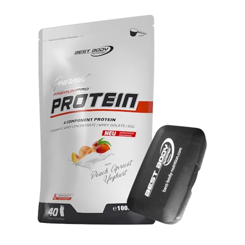 1kg Best Body Nutrition Gourmet 4 Komponenten Protein Eiweißshake - Set inkl. Protein Shaker / Gratiszugabe (Peach Apricot Yoghurt, Best Body Tablettenbox)
