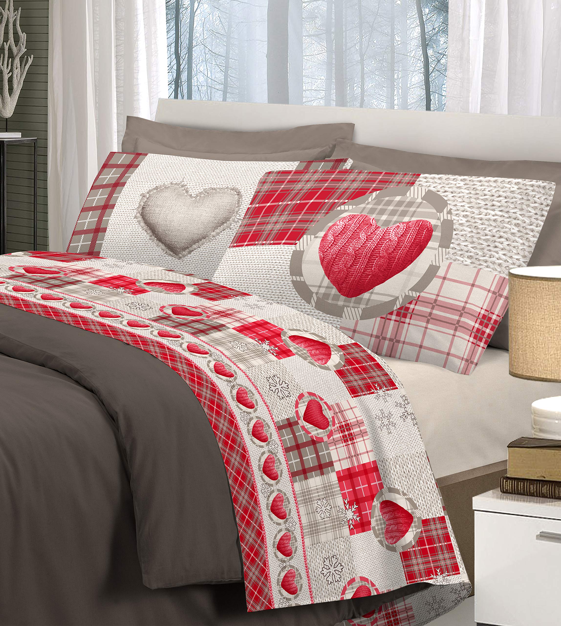 HomeLife Bettwäsche-Set für Einzelbett, Baumwolle, Motiv: Patchwork, Bettwäsche 160 x 300 cm, Bettlaken 90 x 200 cm, Kissenbezug 52 x 82 cm, Rot, 1P