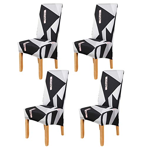Okyuk Dining Chair Covers Set of 4, Stretch Dining Chair Protective Printed Slipcovers, Elastic Removable Washable Seat Covers for Dining Room Banquet Party Home Décor Black Grey White Pattern
