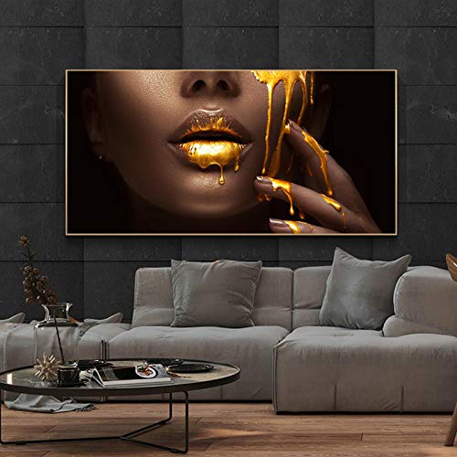 HONGC Drucke auf Leinwand Golden Sexy Lips Moderne Kunst Poster und Drucke Afrikanische Frau Kunst Gemälde Wand Schwarze Frau Leinwand Bilder 70x140cm / 27,5"x 55,1" Kein Rahmen