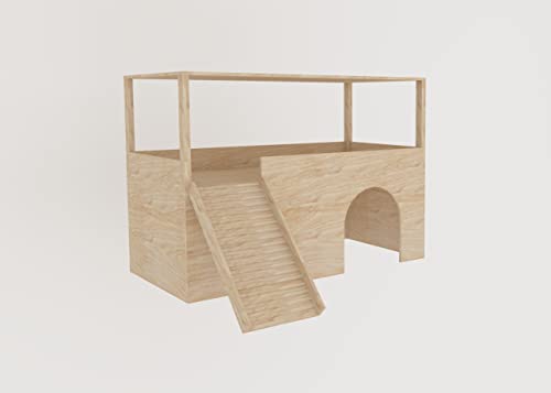 Meerschweinchenhaus mit 2 Ebenen, 1 Eingang, mit Dach und Rampe auf der Vorderseite, Versteck und Spielleiter mit Stufen, individuelle Größen erhältlich.