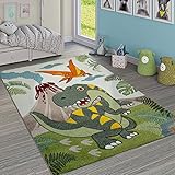 Paco Home Kinderzimmer Teppich Grün Dinosaurier Dschungel Vulkan 3-D Effekt Kurzflor, Grösse:80x150 cm