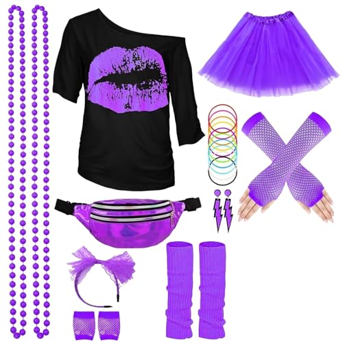WILMOT 80er Jahre Kostüm Damen, 80er Outfit 80er Kleidung, 15tgl. ink. Tutu Rock Bauchtasche Haarreif Brille Armband Halskette Ohrringe, 80er Retro Party Accessoires(Purple,XXL)