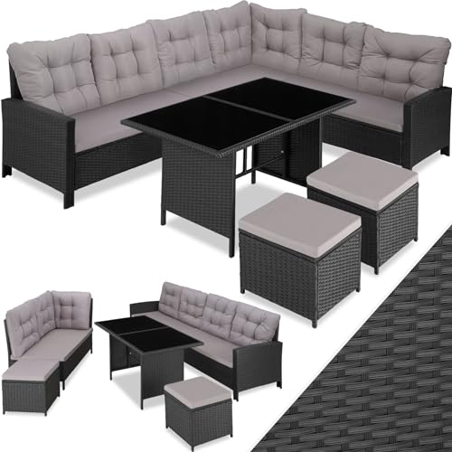 TecTake 800824 Polyrattan Lounge Set für Garten und Terrasse, Gartenmöbel Set mit Sofa, Hocker + Tisch, 5-teilige Sitzgruppe, inkl. Sitz- & Rückenkissen - Diverse Farben - (Schwarz-Grau | Nr. 404252)