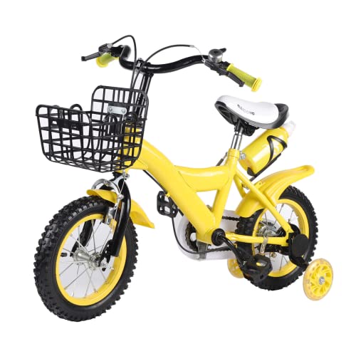 WOLEGM 12 Zoll Fahrrad, Kinderfahrrad mit Handbremse, Stützräder und Frontkorb, für Kinder ab 3 Jahre, Gelb