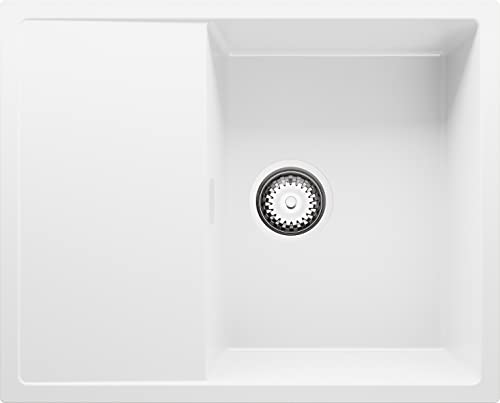 Granitspüle mit Siphon Ibiza Einbauspüle Spülbecken Weiß Küchenspüle Unterschrank Küche ab 45cm Spüle aus Granit mit Ablaufgarnitur und Überlauf von Primagran