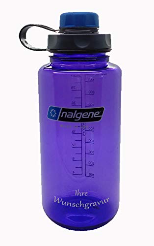 Nalgene Flasche 'Everyday Weithals' - 1 L mit 'capCAP'-Deckel (Violett, mit Namensgravur, Deckel blau)