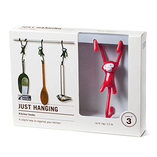 Monkey Business Just Hanging: Fun Küchenhaken/Set mit 3 Affen-Kleiderbügeln/S-förmige Haken mit Drehung (rot), 5,5 x 4 x 12 cm