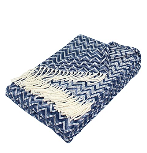 Moon Luxury Decke aus Baumwollmischung ca. 150x200 Kuscheldecke Zick-Zack Muster Tagesdecke mit Fransen leicht & kuschelig (weiß / blau)