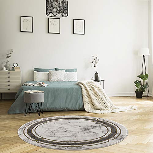 MyShop24h Teppich Wohnzimmer Rund - 120x120cm - Beige-Gold Kurzflor- Bordüre Meliert Modern Schlafzimmer Marmor Deko