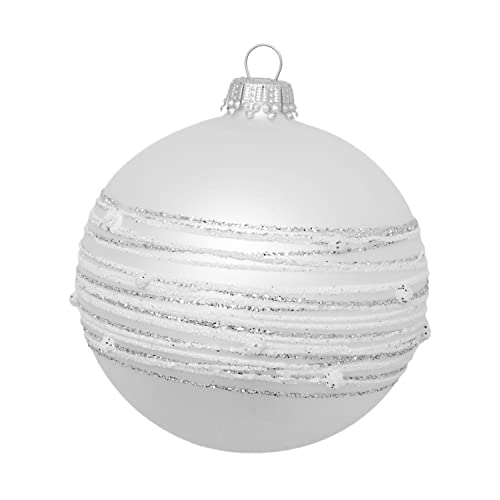 Krebs Glas Lauscha - Weihnachtsdekoration/Christbaumschmuck aus Glas - Weihnachtskugeln - Motiv: Silber-matt mit Streifen und Punkten - Größe: 6 mal 8cm
