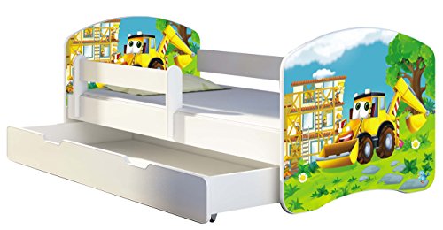 Kinderbett Jugendbett mit einer Schublade und Matratze Weiß ACMA II 140 160 180 40 Design (180x80 cm + Bettkasten, 20 Bagger)
