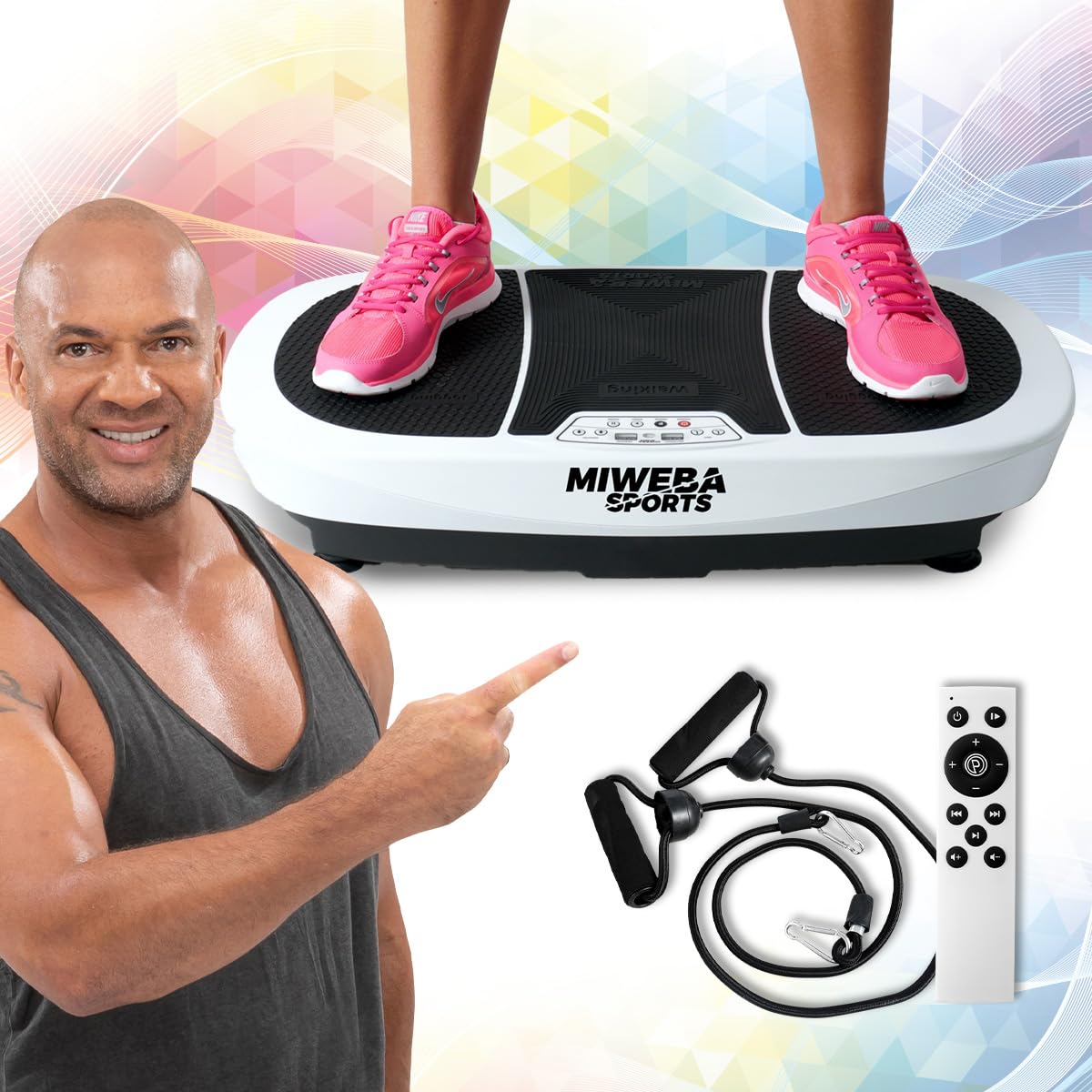 Miweba Sports Fitness 3D Vibrationsplatte MV200-3 Jahre Garantie - 400 Watt - 99 Intensitätsstufen - 3D Training - Bluetooth - Led Beleuchtung - Fernbedienung - Trainingsbänder (Weiß)