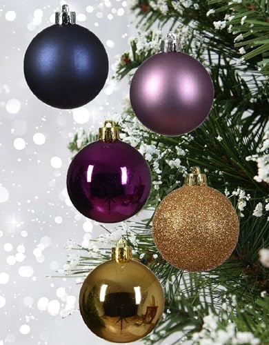 Set mit 30 sortierten bruchsicheren Weihnachtskugeln, violett, nachtblau, glitzernd, goldfarben, 60 mm, Baum-Deko