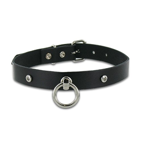 SiaLinda: Halsband echtes Leder schwarz mit 2 Straß - Kristallen und großem O-Ring 20mm, Geschenkverpackung