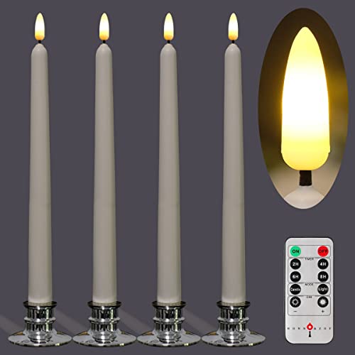 4 Stück LED 28cm Stabkerzen mit Neue Flimmer Flammen-Technologie, Flackernde Elfenbeinkerze aus Echtem Wachs mit Fernbedienung und Timer-Funktion - mit 4 silbernen Kerzenhaltern