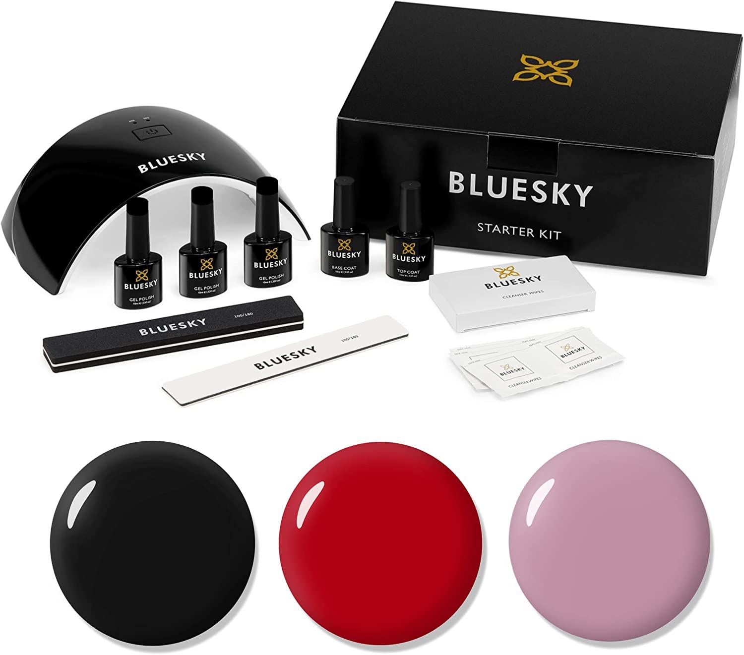BLUESKY UV/Gel-Starter-Set mit LED-Lampe, Reinigungstücher, Nagelfeile und -buffer, Überlack, Unterlack und den 3 Bestseller Farben