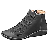 Yowablo Damen Kurzschaft Stiefel Lässige Flache Retro-Schnürstiefel aus Leder mit seitlichem Reißverschluss und runder Schuhspitze (40 EU,4- Schwarz)