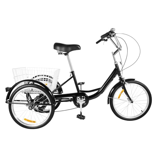 WOLEGM 20 Zoll Dreirad für Erwachsene, 8 Gang Tricycle Radfahren mit Einkaufskorb für ältere Menschen, Schwarz, Erwachsene Dreirad Trike für Einkaufen, Picknicks, Reisen