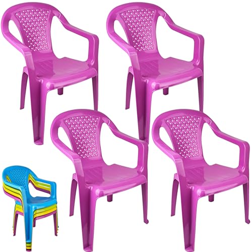Kinderstuhl mit Armlehne - 4 Stück - Gartenstuhl, Robuster Stapelstuhl mit einer Sitzhöhe 27cm aus Kunststoff, kippsicher, wetterbeständig | Sitzgelegenheit für Innen- und Außenbereich (Lila)