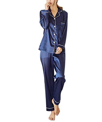 Yigoo Pyjama Schlafanzug Damen Lang Satin Klassische Sleepwear V-Ausschnitt Zweiteiliges Blau 3XL