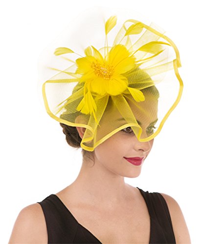 Damen Elegant Fascinator Hut Braut Hair Clip Accessoires Cocktail Royal Ascot (Großen Mesh Leuchtendes Gelb)