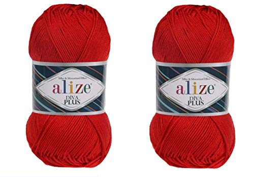 Alize Diva Plus Seiden- und Mercerized-Effekt, 100 % Mikrofaser-Acryl, 3 DK & leichtes Kammgarn, 2 Knäuel, 200 g, 56 Rot