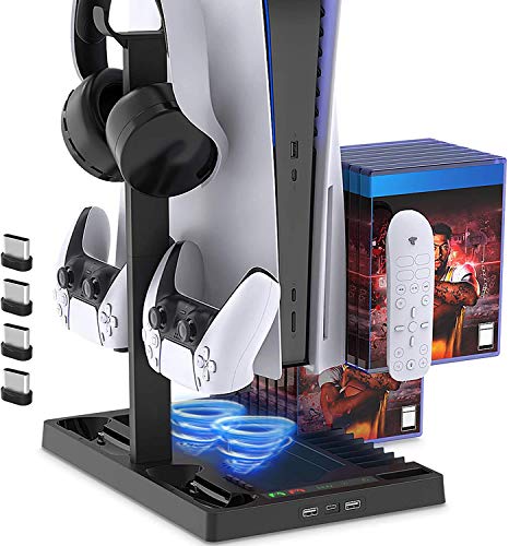 PS5 Ladeständer mit Lüfter für PS5/PS5 Digital Edition Konsole und Controller, vertikale Ladegerät Station Dock mit Dual Controller Ladegerät Ports und 15 Spielautomaten, Remote Dock Headset Stand