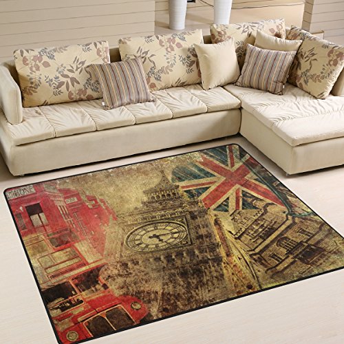 Use7 Stilvoller Vintage-Teppich mit London-Motiv Big Ben-Union Jack, für Wohnzimmer, Schlafzimmer, 203 cm x 147,3 cm