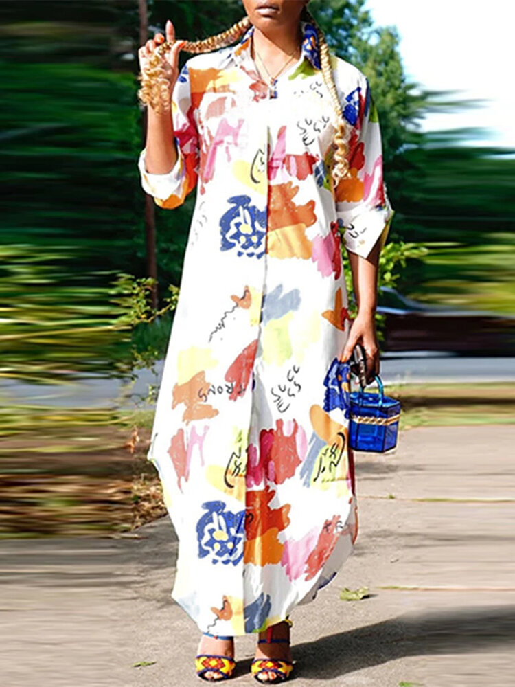 Langärmliges Maxihemd mit Knöpfen und Geo-Farbblockmuster Kleid