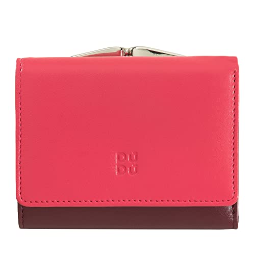 DUDU Kleine Damen-Brieftasche aus Leder mit RFID-Schutz, Münzfach und Klickverschluss, kompakt, 8 Kartenfächer Himbeere