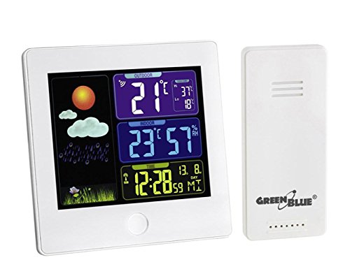 Green Blue GB521W Funk Wetterstation mit Außensensor Kalender Hygrometer Thermometer DCF Uhr Wecker Batterie und Netzbetrieb Weiß