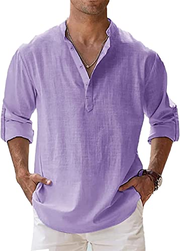 LaoSShu Sommer-Leinenhemden for Herren, Herren-Strandhemd mit V-Ausschnitt, lässige Langarm-Hippie-Baumwoll-T-Shirts (Color : Purple, Size : 4X-Large)