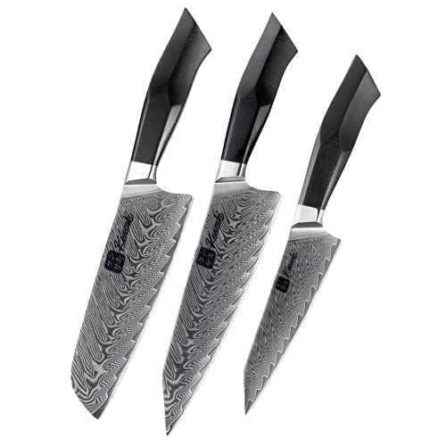 KENSAKI 3er Messerset aus Damaszener Stahl Küchenmesser Japanischer Art hergestellt aus 67 Lagen Damaststahl – Kona Serie