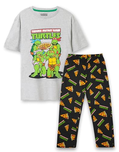 Teenage Mutant Ninja Turtles Herren Pyjama-Set | Erwachsene Graues Distressed Pizza Party Kurzarm-Grafik-T-Shirt & Allover-Print Lange Beinhosen Pyjamas | TMNT Classic 90er Jahre Merchandise-Geschenk