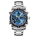FeiWen Fashion Herren Multifunktional Edelstahl Digital Uhren LED Analog Quarz DREI Zeit Casual Sport Armbanduhren Beleuchtung Alarm Countdown (Blau)