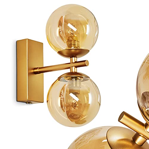 Wandleuchte Alden, Vintage Wandlampe aus Metall in Messing mit Glasschirm in Champagner, mit Lichtspiel an der Wand, 2-flammig, 2 x G9 max. 40 Watt
