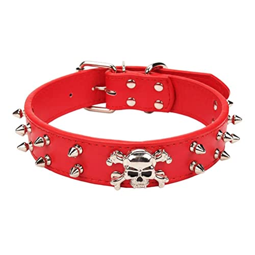 Hundehalsband aus Leder, 2 Reihen mit Nieten, Nieten, PU-Leder, cooles Totenkopf-Haustierhalsband für mittelgroße und große Hunde (L: 43,2–50,8 cm, Rot)